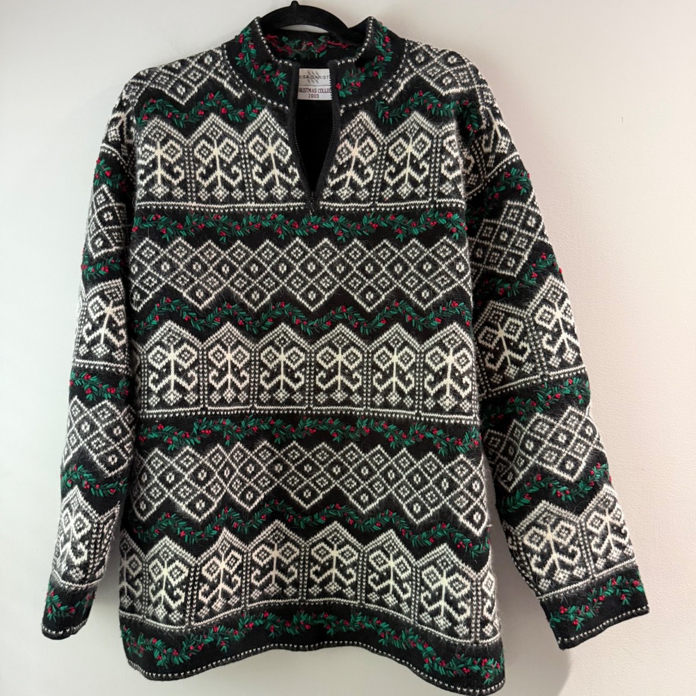 Marisa Christina Sweater Womens XL Black Christmas 2003 Fair Isle Quarter Zip EX